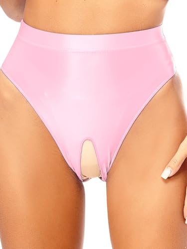 Fldy Damen Ouvert Slip Öl-Glanz String Tanga Im Schritt Offen Sexy Glossy Nylon Unterwäsche Ice Silk Weiche Unterhosen Hohe Taille Rosa_A L