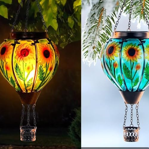 Hot Air Balloon Solar Lantern with Flickering Flame, Realistic Flaming Effect Hot Air Balloon Solar Garden Light, Solar Powered Hot Air Balloon Hanging Lantern,Colourful Solar Light for Outdoor Garden