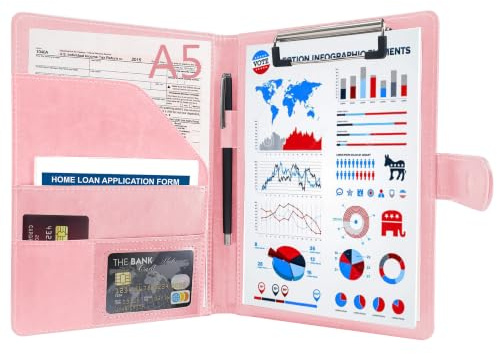 GraduationMall A5 Schreibmappe mit Klemmbrett Reise Portefeuille Magnet Verschluss PU Leder Tragbar Dokument Organisator Rosa