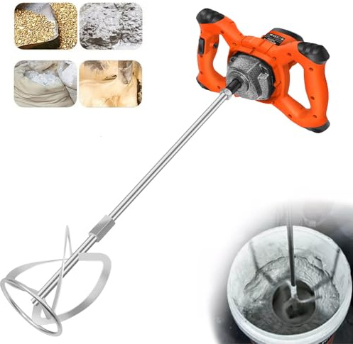 Mezclador de Mortero 2600W,Malaxeur Mortier Colle de Hormigón Eléctrico, Agitador M14 Ajustable, 6-Velocidad Variable Mezclador Eléctrico, Lechada de Cemento, Hormigón,Pintura,Naranja