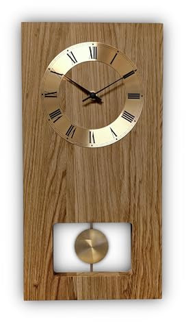 Wanduhr Classica Funk-Pendeluhr Eiche rustikal dunkel geölt mit goldenem Pendel und goldenem Zahlenreif