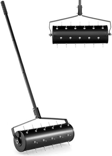GiantexUK Outdoor Lawn Aerator, Heavy Duty 43/53cm Manual Grass Roller with Sand Filled Drum & 130cm Detachable Handle, Rolling Garden Lawn Spikes Tool for Soil Grass (53x14x130cm, Black)