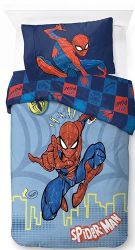 Jay Franco Marvel Spiderman Pouvoir de Héros 100% Coton Parure de Lit Simple - Inclus Taie d'oreiller 50 x 70 cm