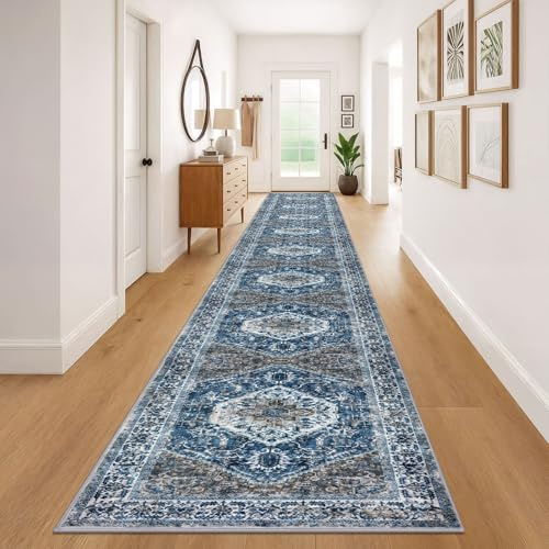 KOZYFLY Läufer für Flure 3x20 Fuß extra lang waschbarer Küchen dünner Läuferteppich Boho Läuferteppich für Eingangsbereich Innenbereich blau bedruckt orientalisch Kunstwolle Treppen Boden