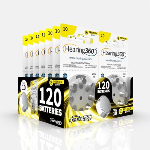 Hearing360 120 batterie per apparecchi acustici misura 10 qualità premium, durata extra, compatibili con tutti i modelli, senza mercurio (15 blister da 8 pile)
