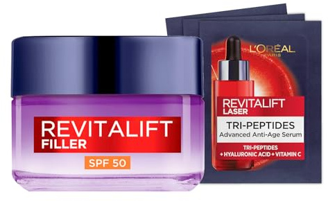 L'Oréal Paris Anti-Falten Routine Revitalift Filler Tagescreme SPF 50 50ml mit Hyaluronsäure + Revitalift Laser Anti-Age Serum mit Tri-Peptiden - 4er Set
