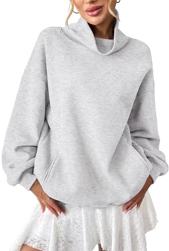 EasyGala Womens Fleece Sweatshirts with Pockets Oversized Turtleneck Pullover Trendy Long Sleeve Tops Fall Fashion Shirts Grey Large
