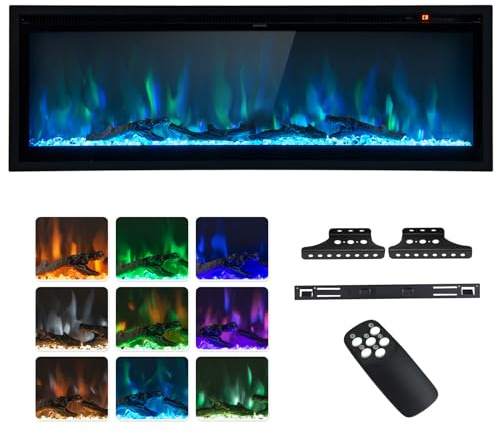 GiantexUK 50”/127cm Electric Fireplace, Freestanding/Wall Mounted/Recessed Electric Fire with 9 Flame Colors, 5-Level Brightness, Adjustable Thermostat, Remote Control & 8H Timer (127 x 14 x 45cm)
