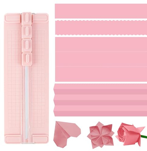 Massicot Coupe Papier, 4 en 1 Decoupe Papier Portable, Coupe-papier avec Mesures et Protection de Sécurité, Multifonctionnel Massicot Scrapbooking pour Carte étiquettes Photo Emballage(Rose)