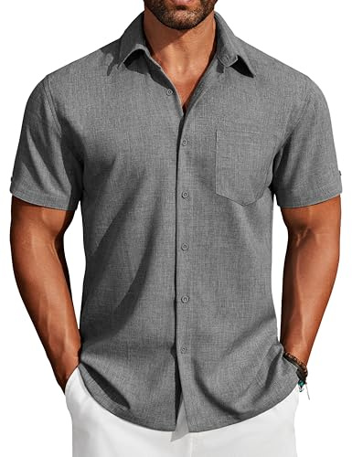 COOFANDY Mens Shirts Short Sleeve Regular Fit Casual Vacation Summer Beach Button Down Shirt with Pocket Dark Grey XL
