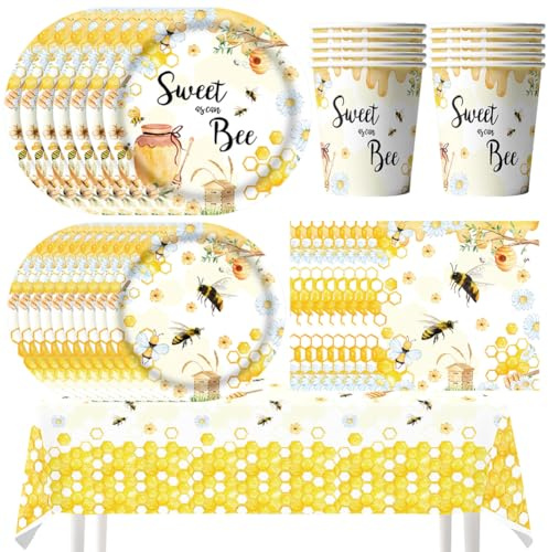 Bee Party Tableware Set, Bee Party Supplies, Plates, Cups, Tissues, Tablecloths,Floral Birthday Party Supplies-10 position