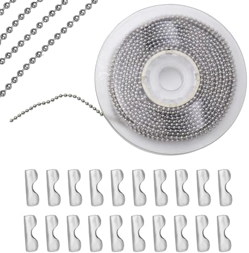QLK Ball Chain Stainless Steel Beads Roller Chain, 10m/32.8Feet Silver Ball Chain Stainless Steel with 20 Matching Connectors Ball Chains 2.4 mm Diameter for DIY Jewellery Making Tags Chain Key Chain