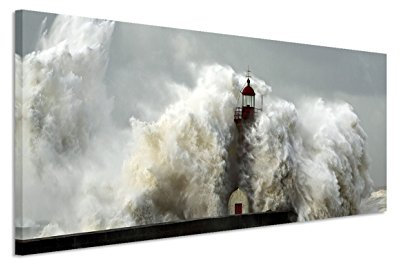 Paul Sinus Art Toile sur châssis - 150 x 50 cm - Motif : vague et tempête - Phare - Décoration murale sur toile - Panorama