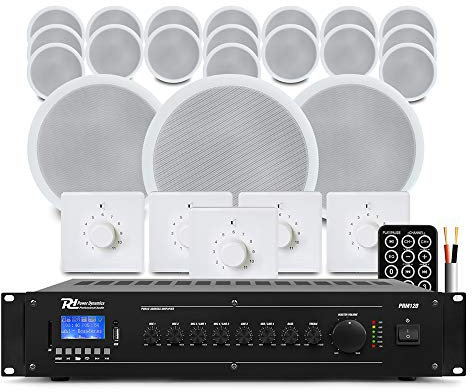 Power Dynamics Complete Multizone PA System – 20x 6.5 100V Ceiling Speakers, Mixer Amplifier, Bluetooth, 5 Volume Controls & Installation Accessories – For Offices & Commercial Spaces