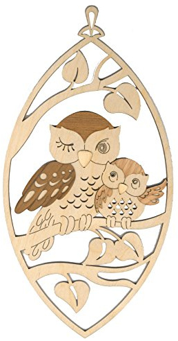 Kuhnert Fensterbilder/Zierschmuck - Holzdekoration mit aufgesetztem Edelholzfurnier - Motiv: Eule im Oval - Maße: 14 x 27 cm - Made in Germany