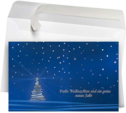 50 Premium Weihnachtskarten mit Umschlag Set für Firmen | hochwertige Klappkarten 19 x 12 cm groß, Sternenhimmel Weihnachtsbaum blau