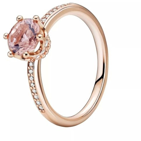 PANDORA Signature Anillo con diseño de corona rosada centelleante chapado en oro rosa de 14 quilates con cristal rosa rubor y circonitas cúbicas transparentes, talla 56