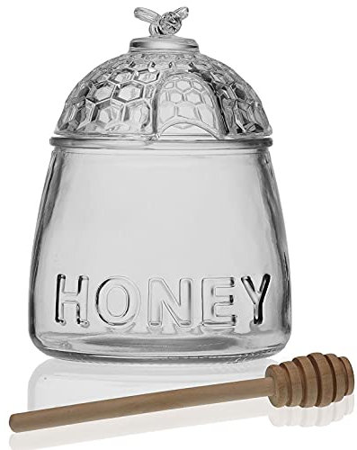 MGE - Honigglas mit Löffel und Deckel - Honigspender, Honigglas, Honigtopf, Löffel und Deckel - Versiegelter Glasbehälter - Honigspender - Honigtopf - Honey Pot - Honigbehälte - 500 mL