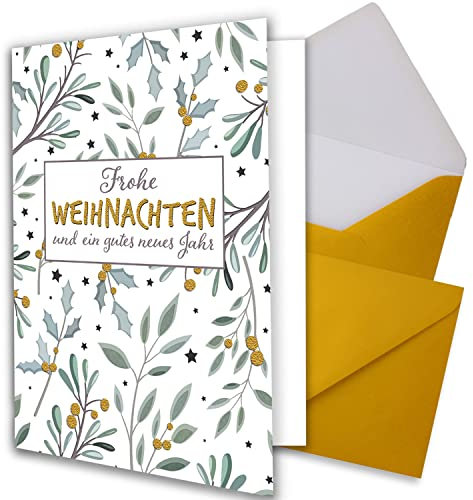 NEUSER PAPIER 15x XL Weihnachtskarten-Set DIN A5 in Weiß mit Eukalyptus- und Mistelzweigen - Faltkarten mit Umschlägen DIN C5 Gold mit Nassklebung - Weihnachtsgrüße für Firmen und Privat