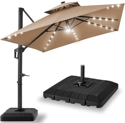 Best Choice Products 10x10ft Cantilever Patio Umbrella w/Base Included, Solar LED Lights 360 Rotation Large Offset Hanging Outdoor Shade for Deck Pool Backyard w/Stand – Tan