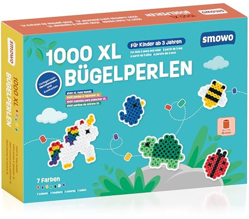 Smowo® Stora 10 mm järnpärlor 1 000 stycken för barn från 3 år – 7 färgglada färger XL stickpärlor – kreativt pärlset