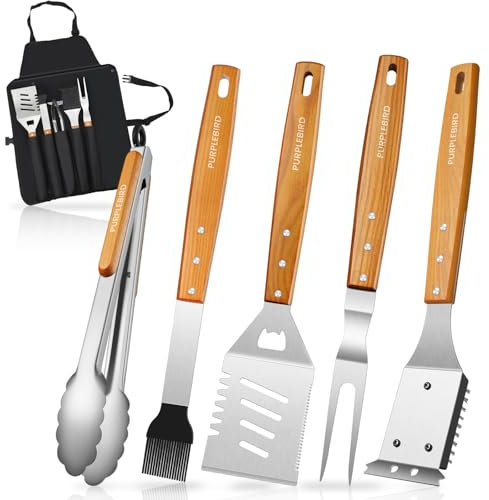 PURPLEBIRD Set di Utensili Barbecue, 5 Pezzi Kit di Accessori per Barbecue Set, Accessori per Grill Pro con Manici in Legno, Adatto per Barbecue da Campeggio/Festa, Regali per barbecue per Uomini