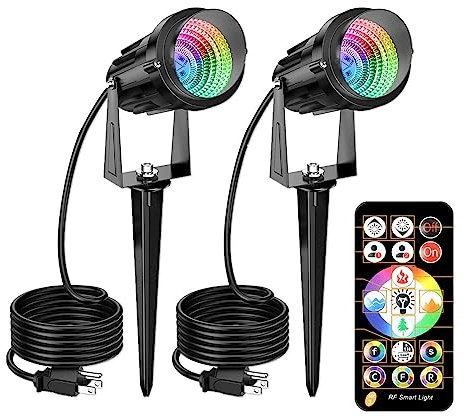 ANKBOY 2 Stücke Gartenleuchte für Außen mit Erdspieß, RGB Farbwechsel Gartenlampen mit Fernbedienung und Timer, IP65 Wasserdichte Gartenstrahler mit Kabel Stecker 12V für Bäume, Wege, Teich