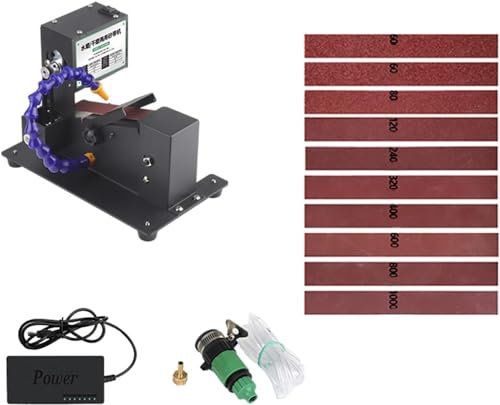 Amoladora, Mini lijadora de banda de 250 W, lijado eléctrico, pulidora, pulidora, pulido en seco y húmedo, lijadora, pequeña máquina de banda de arena, regulación de 7 velocidades con 10 bandas de lij