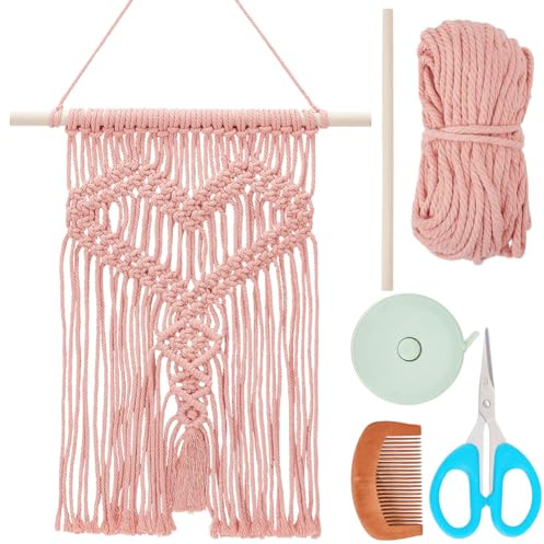 FREEBLOSS DIY Rosa Makramee Wandbehang Handgefertigt Gewebter Wandteppich Herzförmig Makramee Wanddekoration Zum Valentinstag Mit Anleitung Makramee Set Für Anfänger Schlafzimmer Dekor