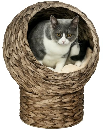 PawHut Cama para Gatos de Mimbre Cueva para Gatos Desmontable con Cojín Extraíble 40x37x51 cm Marrón Oscuro y Beige