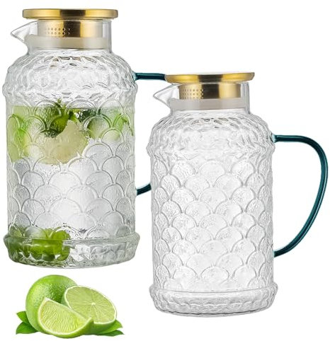 Buaic Glaskrug mit Deckel, 2 l, Fischschuppen-Design, Wasserkaraffe aus Borosilikatglas, Wasserkaraffe für kaltgebrühte Getränke, Kaffee, Limonade, Eistee, hitzebeständig, Wasserglas-Krug, 2 Stück