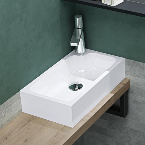 Mai & Mai Waschbecken Gäste WC Aufsatzwaschbecken 46x26x11cm | Waschschale Klein aus Mineralguss mit Hahnloch Eckig Weiß Waschplatz Becken-links Colossum101