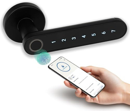 XFORT Smart Fingerprint Door Handle in Black – Keyless Door Lock with 4 Unlocking Modes, Bluetooth & Code Access, Auto-Locking Smart Door Handle, Enhanced Security on Internal Wooden Doors