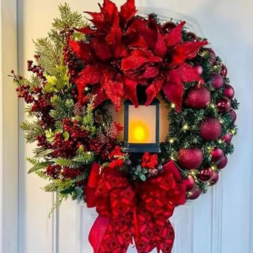 2024 Large Christmas Wreaths for Front Door, Light up Artificial Christmas Wreath, Xmas Wreaths with Christmas Ball Bow Red Ribbon, Winter Garlands Wreath for Indoor Outdoor Christmas Home Decor