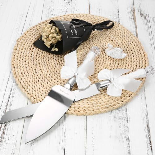 Ejoyous Stainless Steel Wedding Cake Knife, Server Set Crystal Handles Cake Cutter for Wedding Anniversary Reception, Romantic Design with White Ribbon or Burlap Lace (Cake Knife)