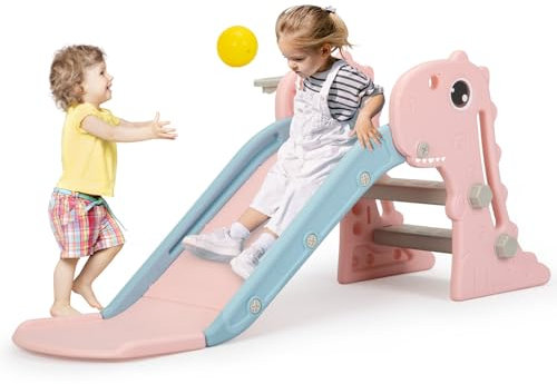 3 in 1 Toddler Slide for Boys Girls Age 1-3, Baby Slide Plastic Climber Playset with Basketball Hoop and Ball, Indoor Slide and Outdoor Playground Slide for Kids (Dinosaur Pink)