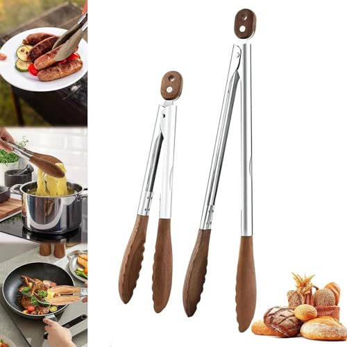 Tenacillas de Cocina de Madera de Nogal para BBQ y Ensaladas – Diseño con Clip de Bloqueo, Antideslizante y Resistente al Calor – Grande/Pequeño,Small+large