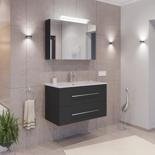 Lomadox Badezimmermöbel Badmöbel Set 2-teilig, Waschtisch Waschplatz 80cm breit mit Waschbecken und LED Spiegel, in grau