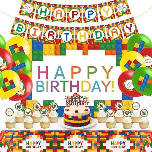 Wood Homing Building Block Birthday Decoration - Colorful Party Supplies with Happy Birthday Banner Cake Topper for Kids Boys Teenager Including Building Blocks Hanging Decor Tableware and Backdrop