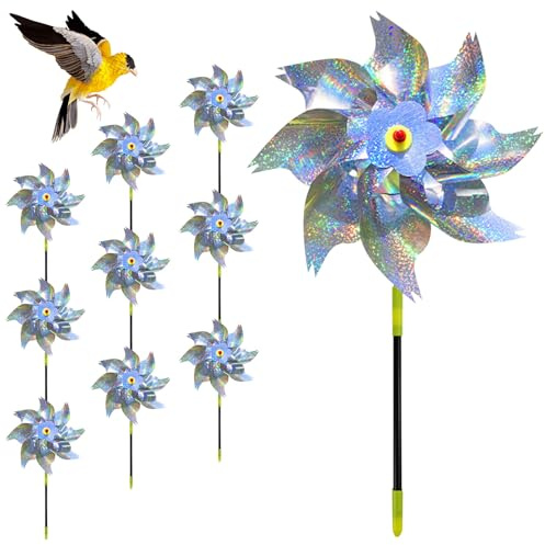 Lot de 10 répulsifs d'oiseaux de moulin à vent, répulsif réfléchissant pour pigeons, répulsif anti-pigeons, répulsif d'oiseaux moulin à vent carillon à vent jardin pour ferme, verger jardin (points