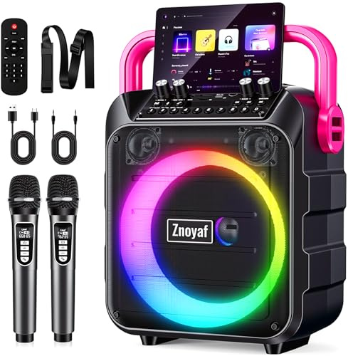 Znoyaf Karaoke Machine for Adults & Kids, 5.3 Bluetooth Speaker Portable with 2 Wireless Microphones, Bass/Treble Adjustment, Remote and LED Light, Support REC/FM/AUX/USB/TF for Home Party, Blackpink
