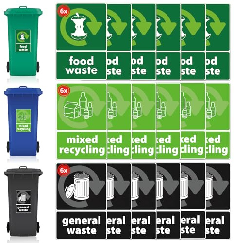 18 Pack Bin Stickers, Food Waste Sticker, 100×150mm Recycling Bins Stickers And General Waste Sticker, Removable Waterproof Self Adhesive Recycling Bin Decal For Home Office Outdoor Indoor (18Pcs)