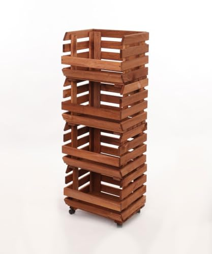 PROREGAL Gemüseregal VeggieRoll mit Rollen | HxBxT 106x37x30 cm | 4 Holzkisten | Holz | Braun | Aufbewahrungskiste Stapelkisten Kartoffelkiste