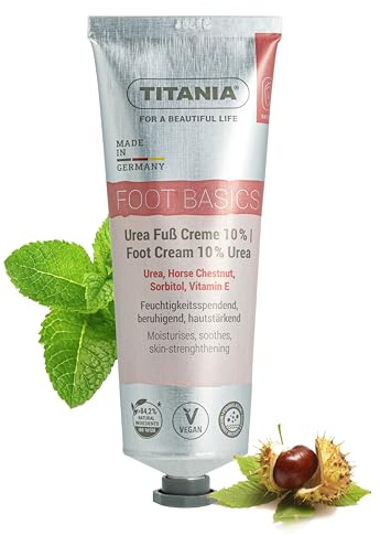 TITANIA Urea fotkräm 10 % fuktgivande, lugnande och hudstärkande med hästkastanj, sorbitol och E-vitamin | Vegan, naturkosmetik, utan mikroplaster, 75 ml – Made in Germany
