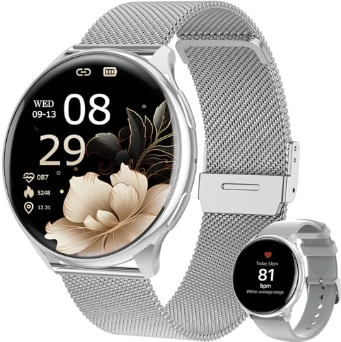 SLOKSFil Smartwatch Damen mit Telefonfunktion, 1.39 Smart Watch Rund mit SpO2, 24H Pulsuhr Blutdruck Schlafmonitor, Fitness Tracker 120+ Sportmodi Schrittzähler für iOS Android (Silber)
