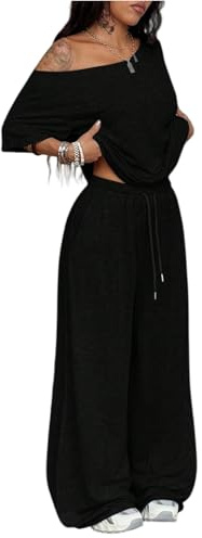Freizeitanzug Damen Baggy Jogginganzug Sport Sweatshirt Off Shoulder Oberteil Schulterfrei Jogginghose Weites Bein Trainingsanzug Frauen 2 Teilig Streetwear Casual Sweathose Lang Zweiteiler