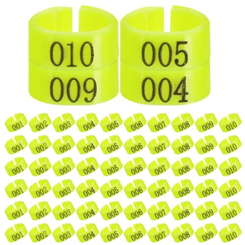 Veemoon 100 Bagues de Pigeon Numérotées 001-100 en PP Jaune, Identification Sécurisée et Facile à Utiliser, Adaptées pour Petits Volailles et Cailles en Élevage Avicole