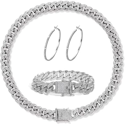 Xiaoliny Juegos de joyas mujer Collar de Cadena Cubana Pulsera Aros Grandes con Circonitas Brillantes Casual Estilo Hip Hop Conjunto de Bisuteria Dorada/Plateada Regalos Set de Joyería para Mujeres