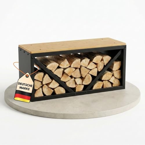 Coemo Kaminholzregal mit Sitzfläche Rudi, Schwarz, Kaminholzhalter Schwarz | Modernes Brennholzregal aus Metall & Holz, Holzlager Regal Indoor, Sitzbank Kamin, Feuerholz Aufbewahrung, Kaminzubehör