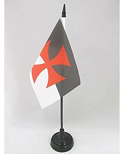 AZ FLAG Drapeau de Table Templiers Baussant 15x10 cm Socle Plastique | Usage intérieur Drapeau de bureau de l'ordre du Temple finition cousue et bords renforcés polyester 100D